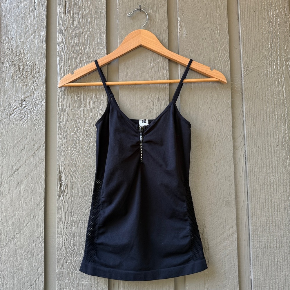 Vintage Y2K Cami Tank Top Womens Mesh Cut Out Rhinestone One Size Black